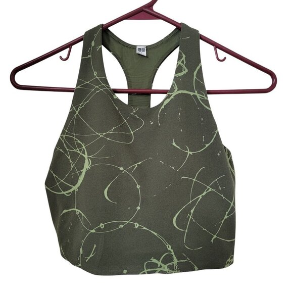 Uniqlo Size S Olive Green Abstract Pattern Wireless Bra Active Racer Back, EUC - Picture 1 of 8